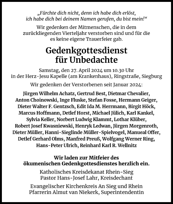Anzeige von Gedenkgottesdienst für Unbedachte von Kölner Stadt-Anzeiger / Kölnische Rundschau / Express