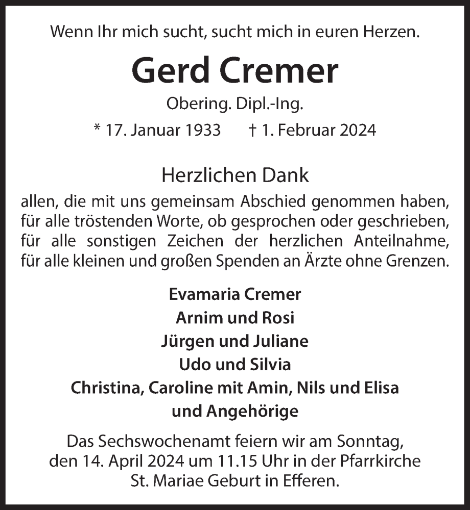  Traueranzeige für Gerd Cremer vom 05.04.2024 aus  Wochenende 