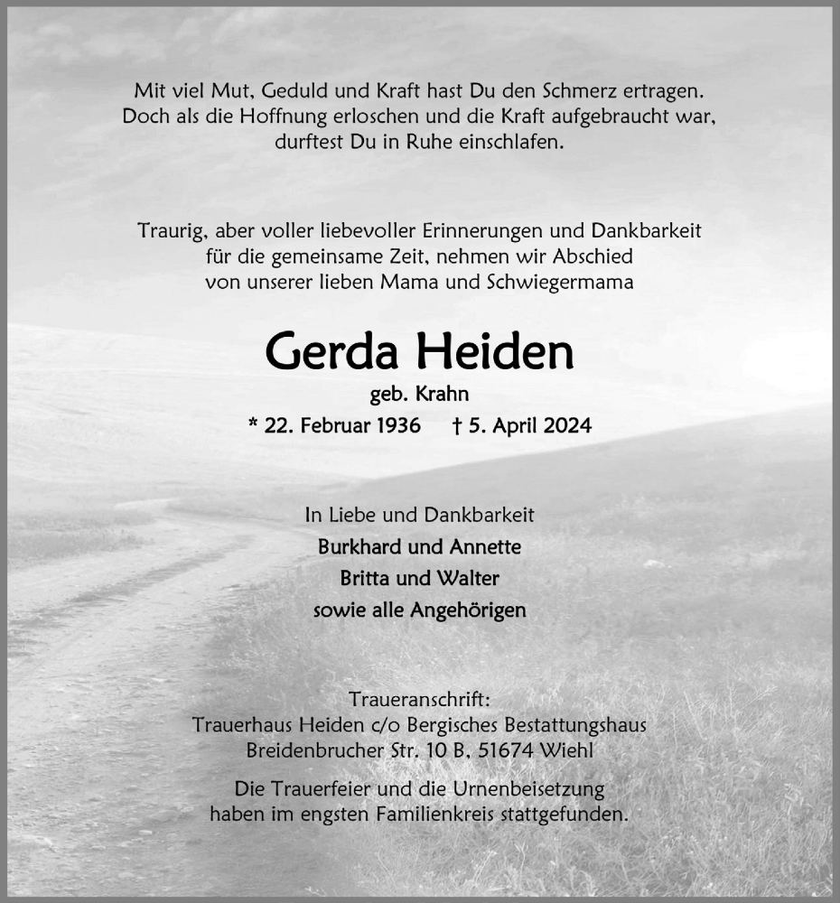  Traueranzeige für Gerda Heiden vom 19.04.2024 aus  Anzeigen Echo 