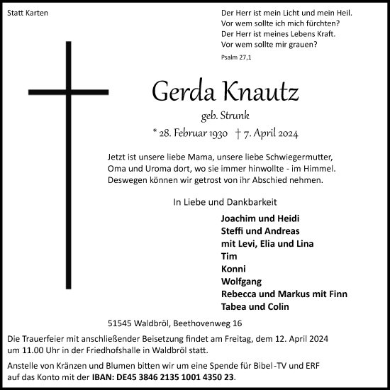 Anzeige von Gerda Knautz von Kölner Stadt-Anzeiger / Kölnische Rundschau / Express