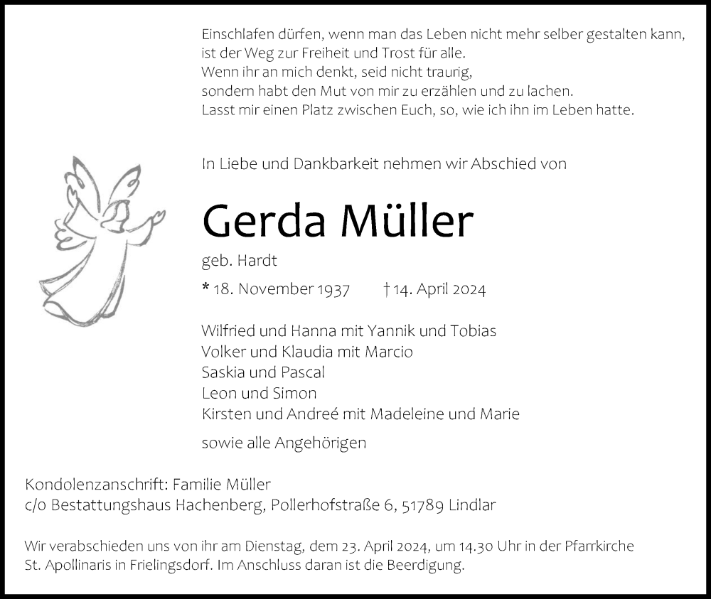  Traueranzeige für Gerda Müller vom 20.04.2024 aus Kölner Stadt-Anzeiger / Kölnische Rundschau / Express