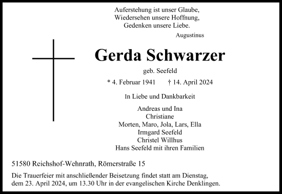 Anzeige von Gerda Schwarzer von Kölner Stadt-Anzeiger / Kölnische Rundschau / Express