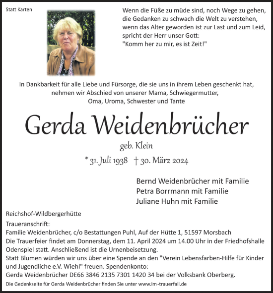 Anzeige von Gerda Weidenbrücker von  Anzeigen Echo  Lokalanzeiger 
