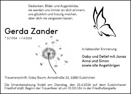 Anzeige von Gerda Zander von  Blickpunkt Euskirchen 