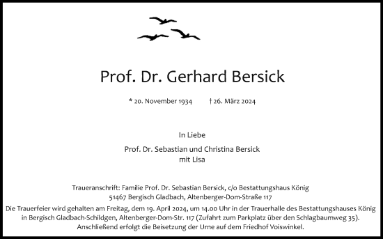 Anzeige von Gerhard Bersick von Kölner Stadt-Anzeiger / Kölnische Rundschau / Express