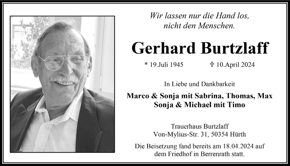  Traueranzeige für Gerhard Burtzlaff vom 19.04.2024 aus  Wochenende 