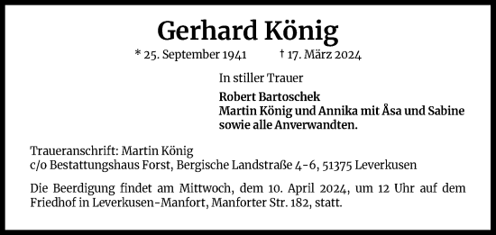 Anzeige von Gerhard König von Kölner Stadt-Anzeiger / Kölnische Rundschau / Express