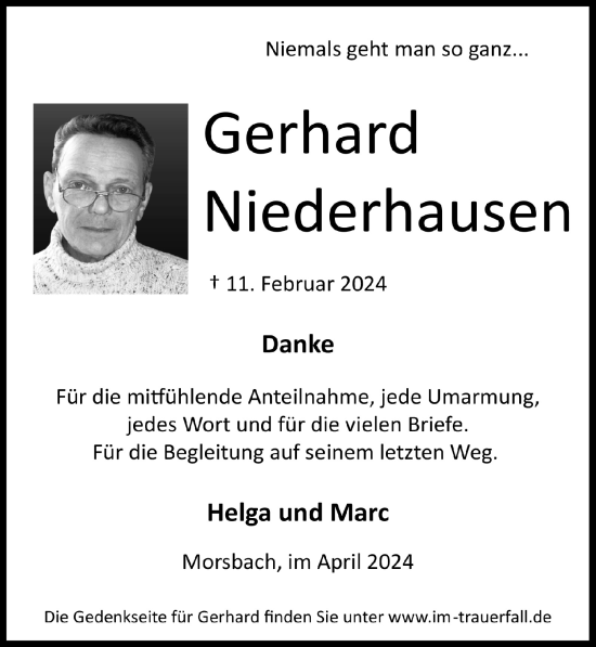 Anzeige von Gerhard Niederhausen von  Lokalanzeiger 