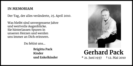 Anzeige von Gerhard Pack von Kölner Stadt-Anzeiger / Kölnische Rundschau / Express