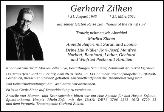 Anzeige von Gerhard Zilken von Kölner Stadt-Anzeiger / Kölnische Rundschau / Express