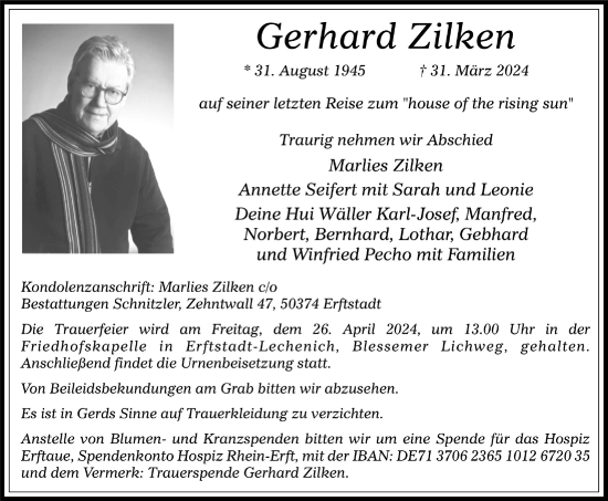 Anzeige von Gerhard Zilken von  Werbepost 