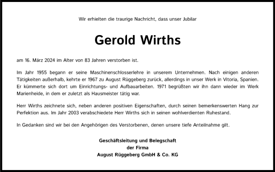 Anzeige von Gerold Wirths von Kölner Stadt-Anzeiger / Kölnische Rundschau / Express