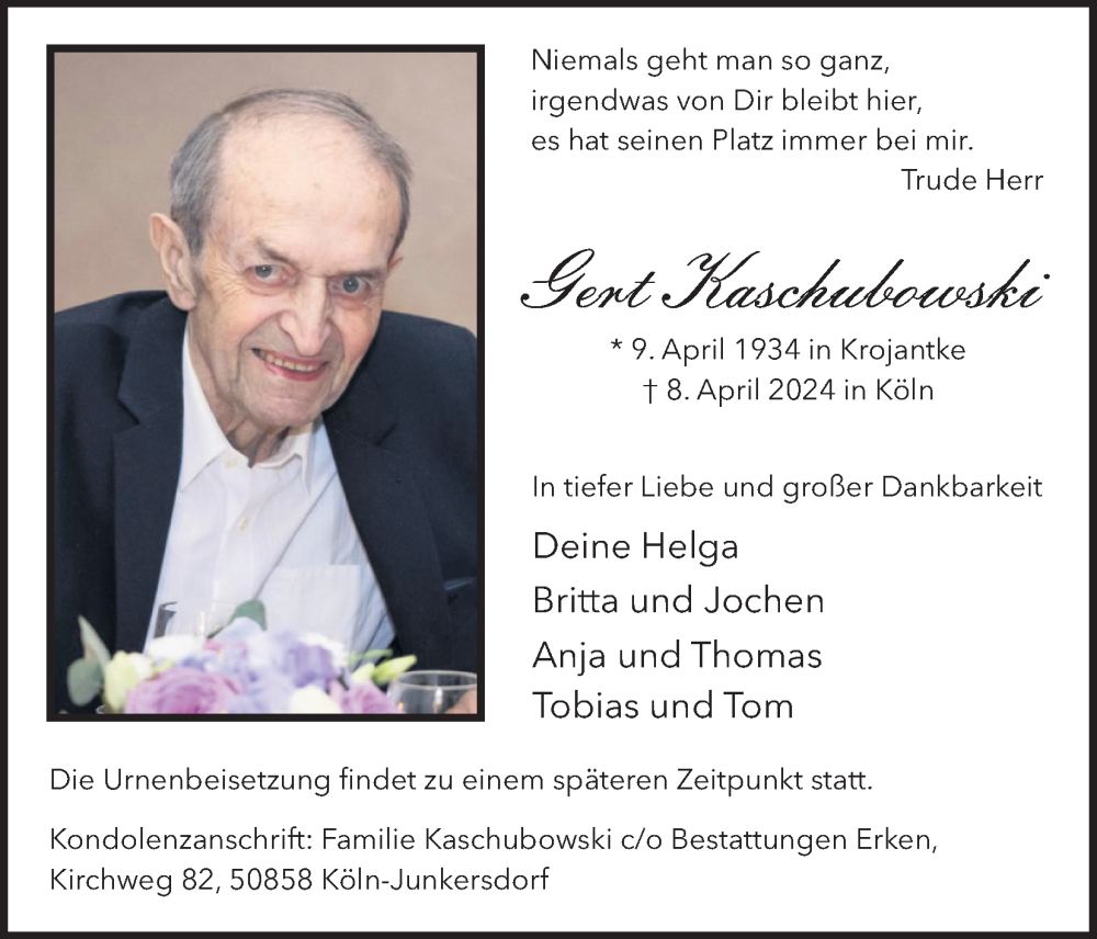  Traueranzeige für Gert Kaschubowski vom 13.04.2024 aus Kölner Stadt-Anzeiger / Kölnische Rundschau / Express