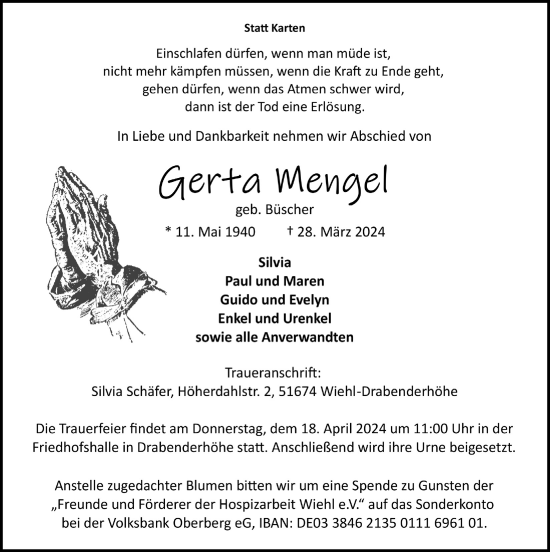 Anzeige von Gerta Mengel von  Anzeigen Echo 
