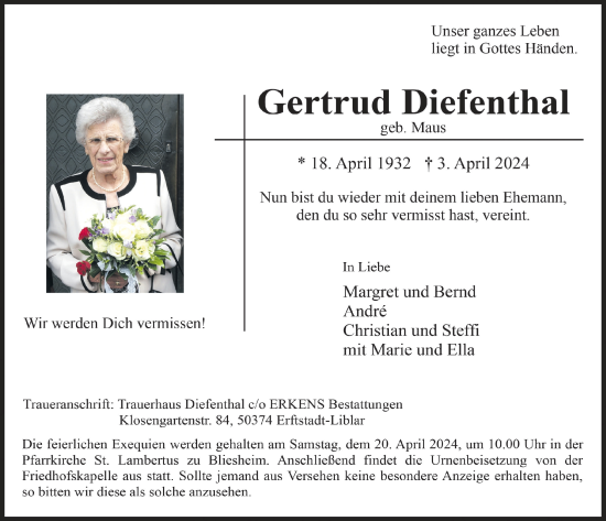 Anzeige von Gertrud Diefenthal von  Werbepost 