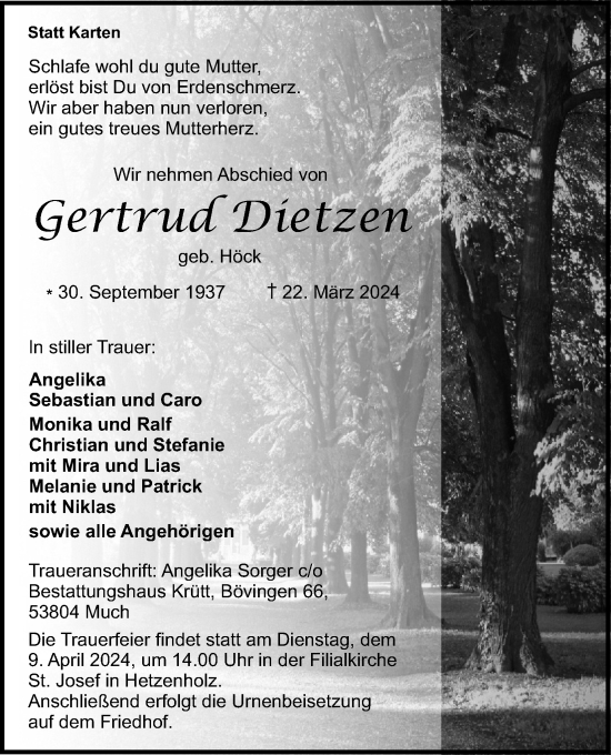 Anzeige von Gertrud Dietzen von Kölner Stadt-Anzeiger / Kölnische Rundschau / Express