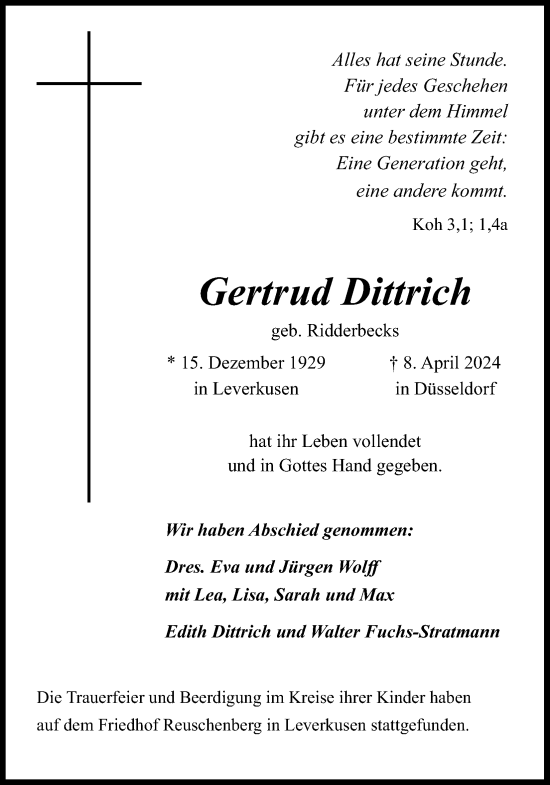 Anzeige von Gertrud Dittrich von Kölner Stadt-Anzeiger / Kölnische Rundschau / Express