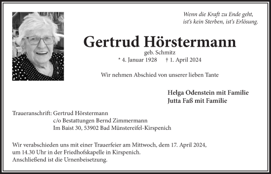 Anzeige von Gertrud Hörstermann von  Blickpunkt Euskirchen 