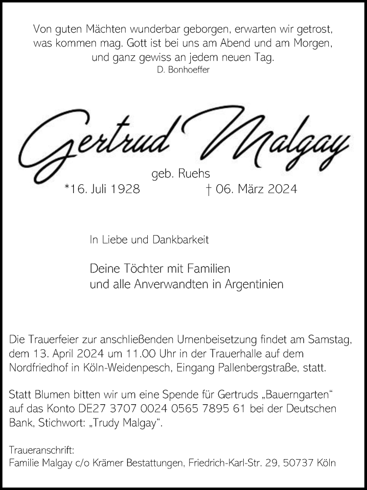  Traueranzeige für Gertrud Malgay vom 30.03.2024 aus Kölner Stadt-Anzeiger / Kölnische Rundschau / Express