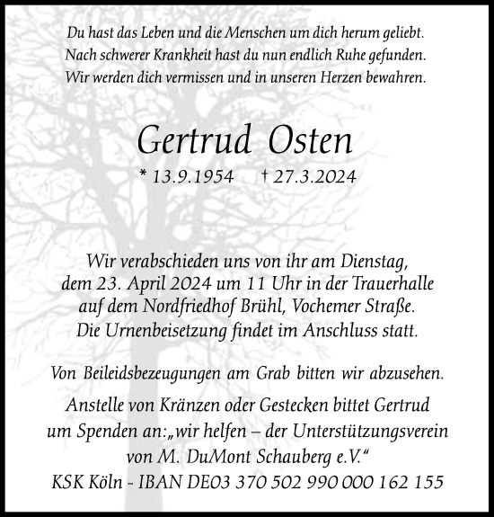 Anzeige von Gertrud Osten von Kölner Stadt-Anzeiger / Kölnische Rundschau / Express