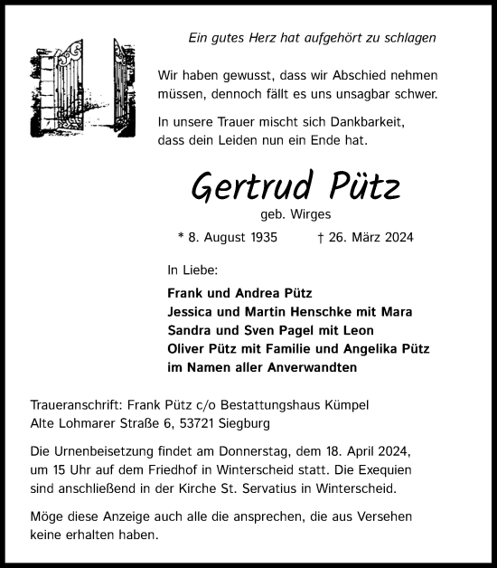 Anzeige von Gertrud Pütz von Kölner Stadt-Anzeiger / Kölnische Rundschau / Express