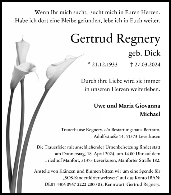Anzeige von Gertrud Regnery von Kölner Stadt-Anzeiger / Kölnische Rundschau / Express