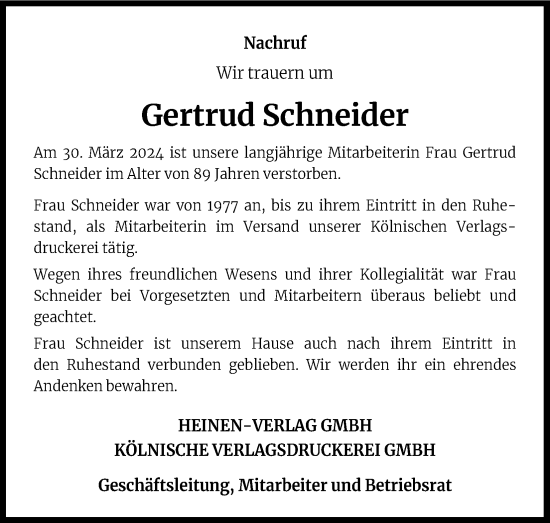 Anzeige von Gertrud Schneider von Kölner Stadt-Anzeiger / Kölnische Rundschau / Express