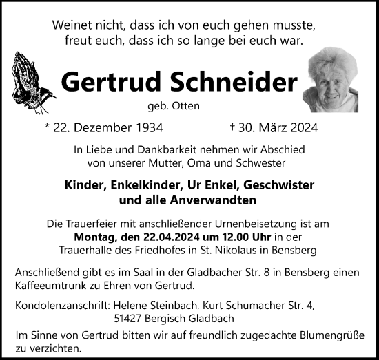 Anzeige von Gertrud Schneider von Kölner Stadt-Anzeiger / Kölnische Rundschau / Express
