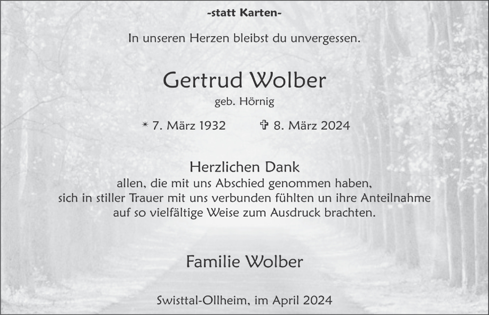  Traueranzeige für Gertrud Wolber vom 19.04.2024 aus  Schaufenster/Blickpunkt 