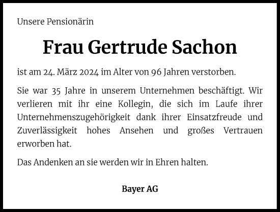 Anzeige von Gertrude Sachon von Kölner Stadt-Anzeiger / Kölnische Rundschau / Express