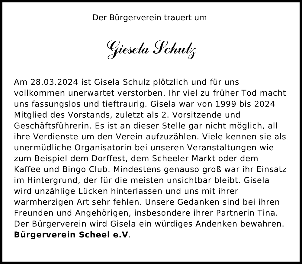  Traueranzeige für Giesela Schulz vom 06.04.2024 aus Kölner Stadt-Anzeiger / Kölnische Rundschau / Express