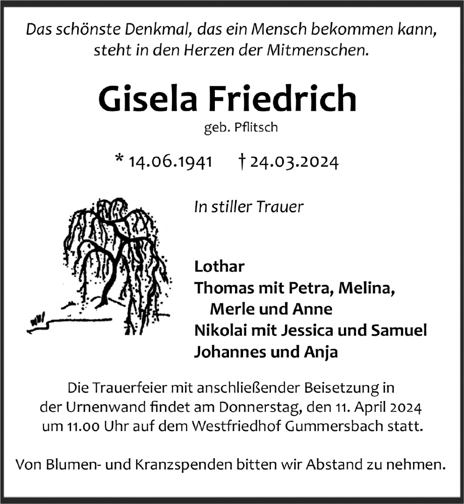  Traueranzeige für Gisela Friedrich vom 05.04.2024 aus  Anzeigen Echo 