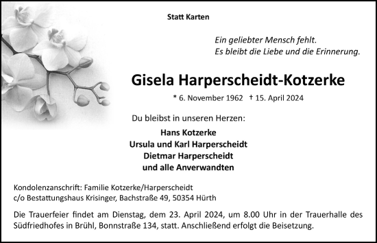 Anzeige von Gisela Harperscheidt-Kotzerke von  Schlossbote/Werbekurier 