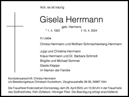 Anzeige von Gisela Herrmann von Kölner Stadt-Anzeiger / Kölnische Rundschau / Express
