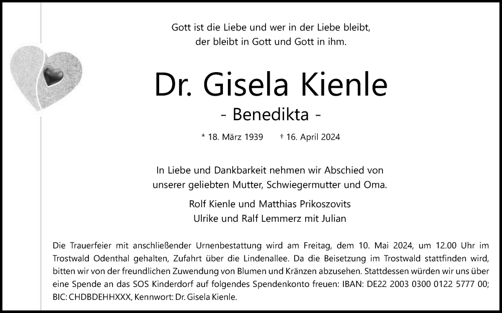 Traueranzeige für Gisela Kienle vom 27.04.2024 aus Kölner Stadt-Anzeiger / Kölnische Rundschau / Express