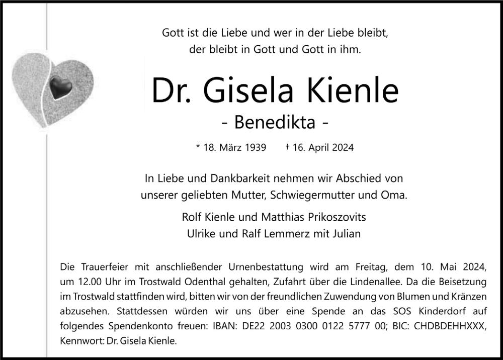  Traueranzeige für Gisela Kienle vom 26.04.2024 aus  Bergisches Handelsblatt 