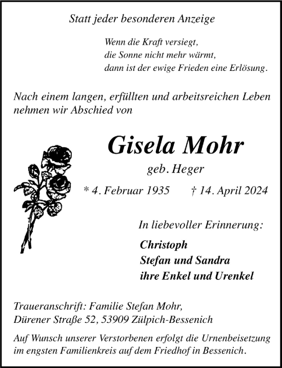 Anzeige von Gisela Mohr von  Blickpunkt Euskirchen 
