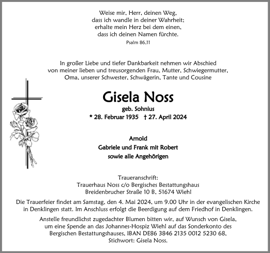 Anzeige von Gisela Noss von Kölner Stadt-Anzeiger / Kölnische Rundschau / Express