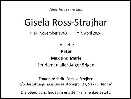 Anzeige von Gisela Ross-Strajhar von Kölner Stadt-Anzeiger / Kölnische Rundschau / Express