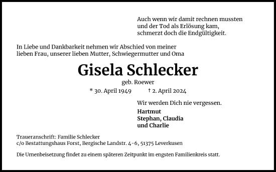 Anzeige von Gisela Schlecker von Kölner Stadt-Anzeiger / Kölnische Rundschau / Express