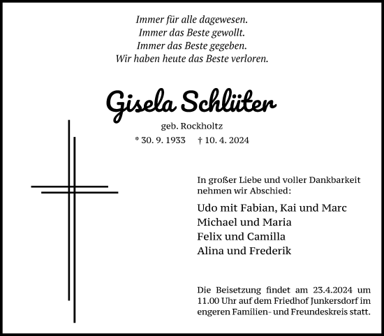 Anzeige von Gisela Schlüter von Kölner Stadt-Anzeiger / Kölnische Rundschau / Express