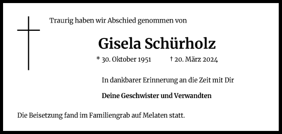 Anzeige von Gisela Schürholz von Kölner Stadt-Anzeiger / Kölnische Rundschau / Express