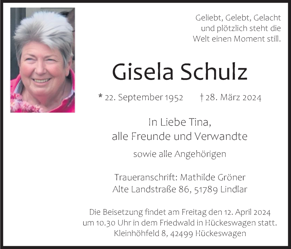  Traueranzeige für Gisela Schulz vom 06.04.2024 aus Kölner Stadt-Anzeiger / Kölnische Rundschau / Express