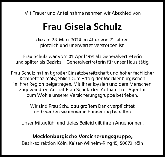 Anzeige von Gisela Schulz von Kölner Stadt-Anzeiger / Kölnische Rundschau / Express