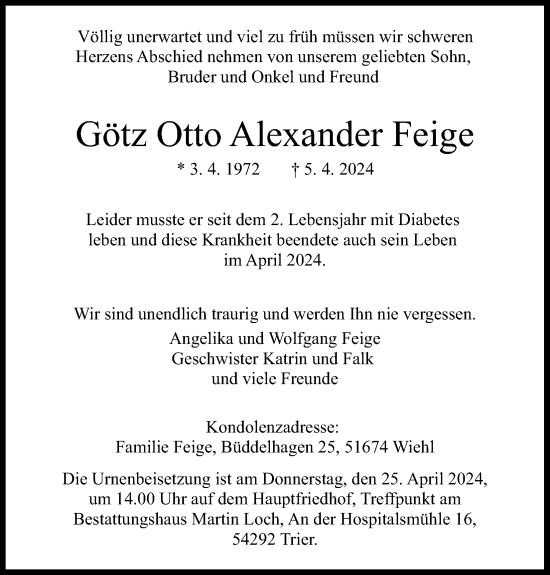 Anzeige von Götz Otto Alexander Feige von Kölner Stadt-Anzeiger / Kölnische Rundschau / Express