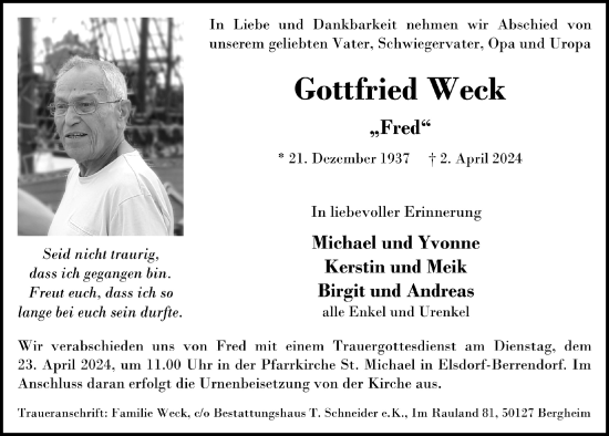 Anzeige von Gottfried Weck von  Werbepost 