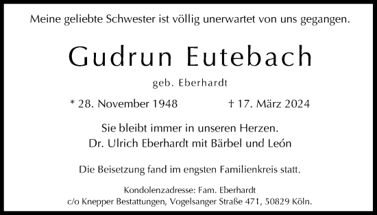 Anzeige von Gudrun Eutebach von Kölner Stadt-Anzeiger / Kölnische Rundschau / Express