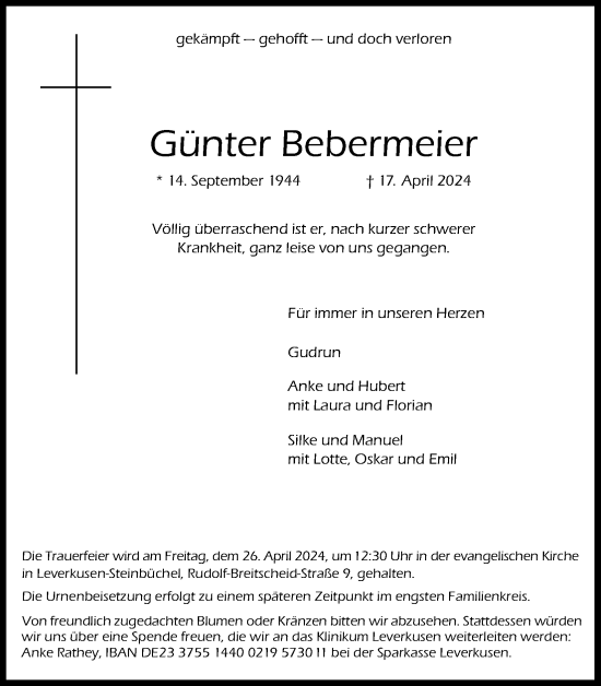 Anzeige von Günter Bebermeier von Kölner Stadt-Anzeiger / Kölnische Rundschau / Express