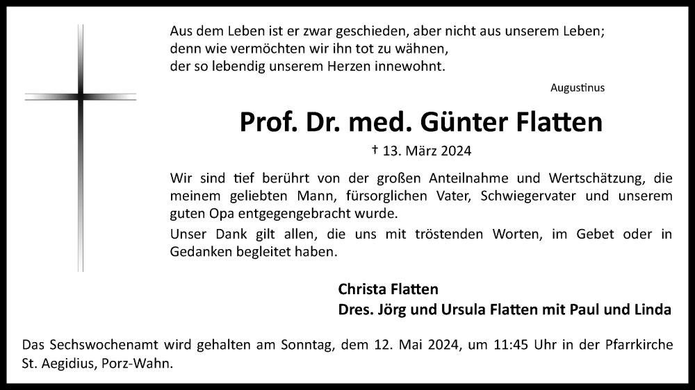  Traueranzeige für Günter Flatten vom 27.04.2024 aus Kölner Stadt-Anzeiger / Kölnische Rundschau / Express
