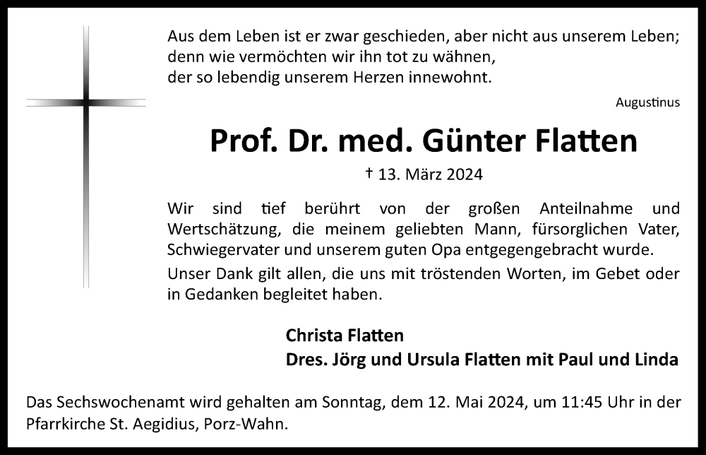  Traueranzeige für Günter Flatten vom 26.04.2024 aus  EXPRESS - Die Woche 